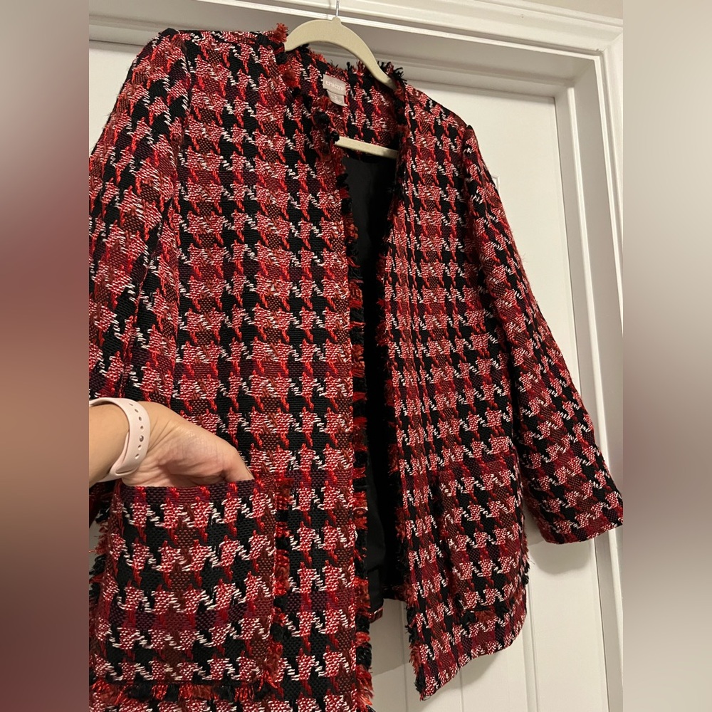 Chico’s Red Black Tweed Houndstooth Fringe Jacket Blazer 1P Office Wear Holiday - Picture 7 of 12